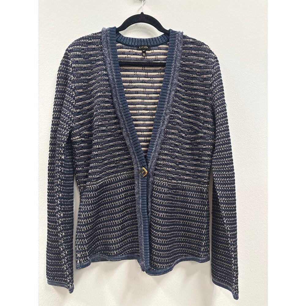 Escada fine navy blue & tan single button knit cardigan